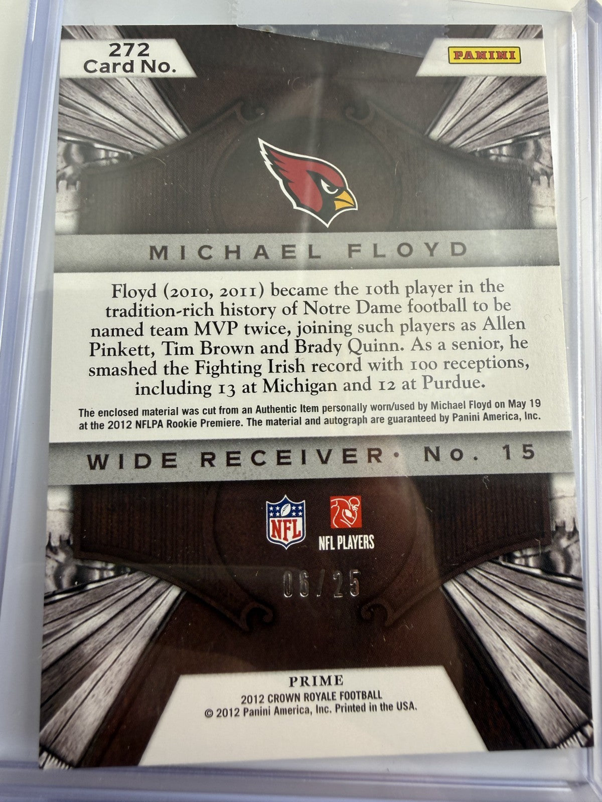 Panini Michael Floyd Crown Royal Auto-Jersey Card 06/25 Arizonia Cardinals #272