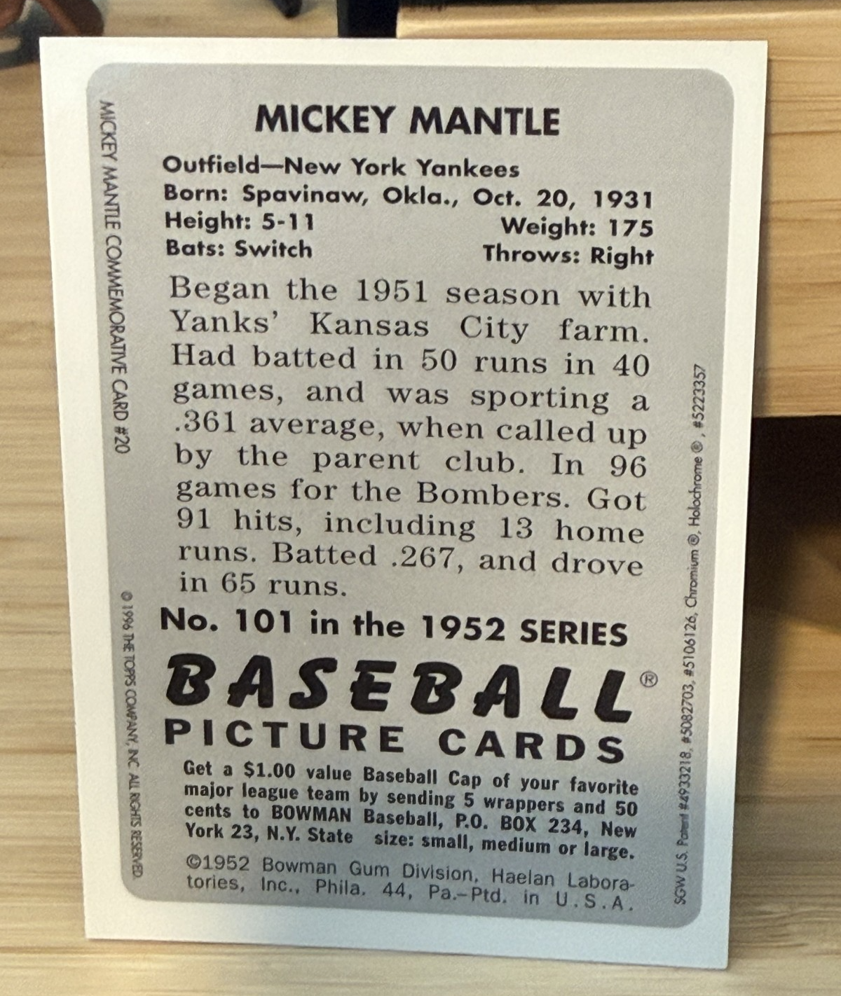 1988 Baseball Magnizine Repli-Cards Mickey Mantle, New York Yankees #101