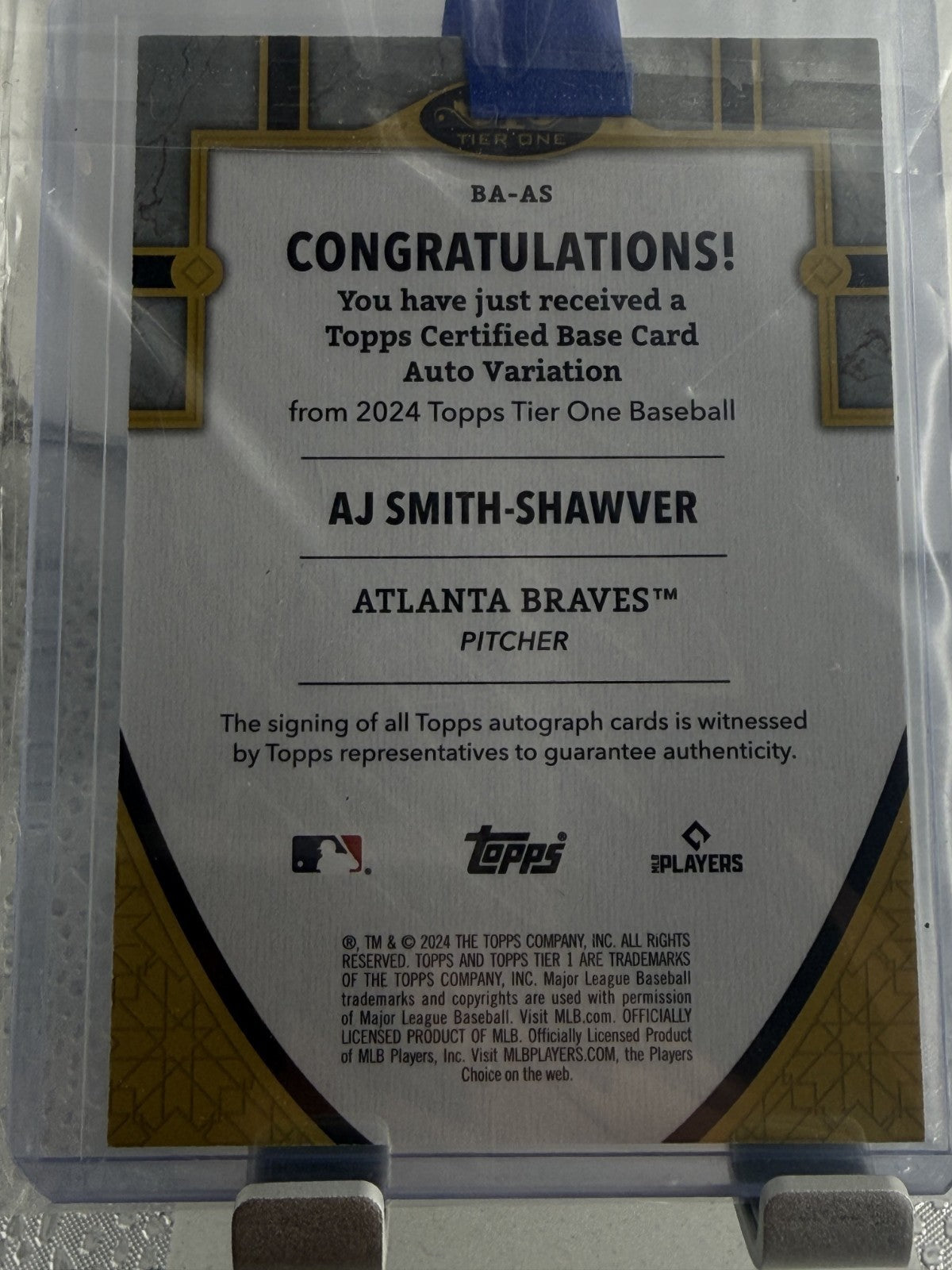 2024 Topps Tier One AJ Smith-Shawver RC Auto 03/25 Atlanta Braves #BA-AS