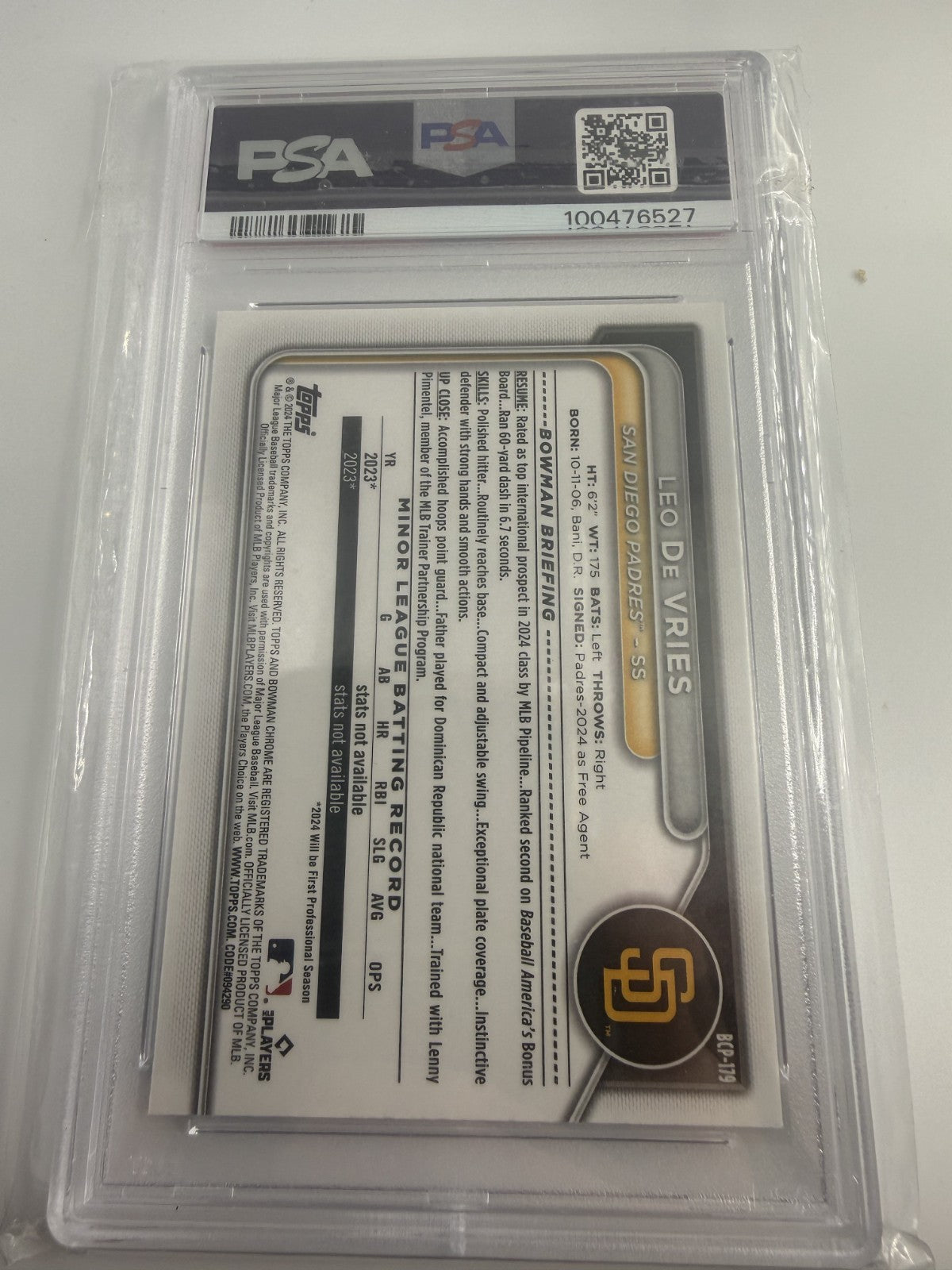 Leo De Vries 2024 Bowman Chrome 1st Mega Box Mojo Refractor #BCP-179 PSA 10