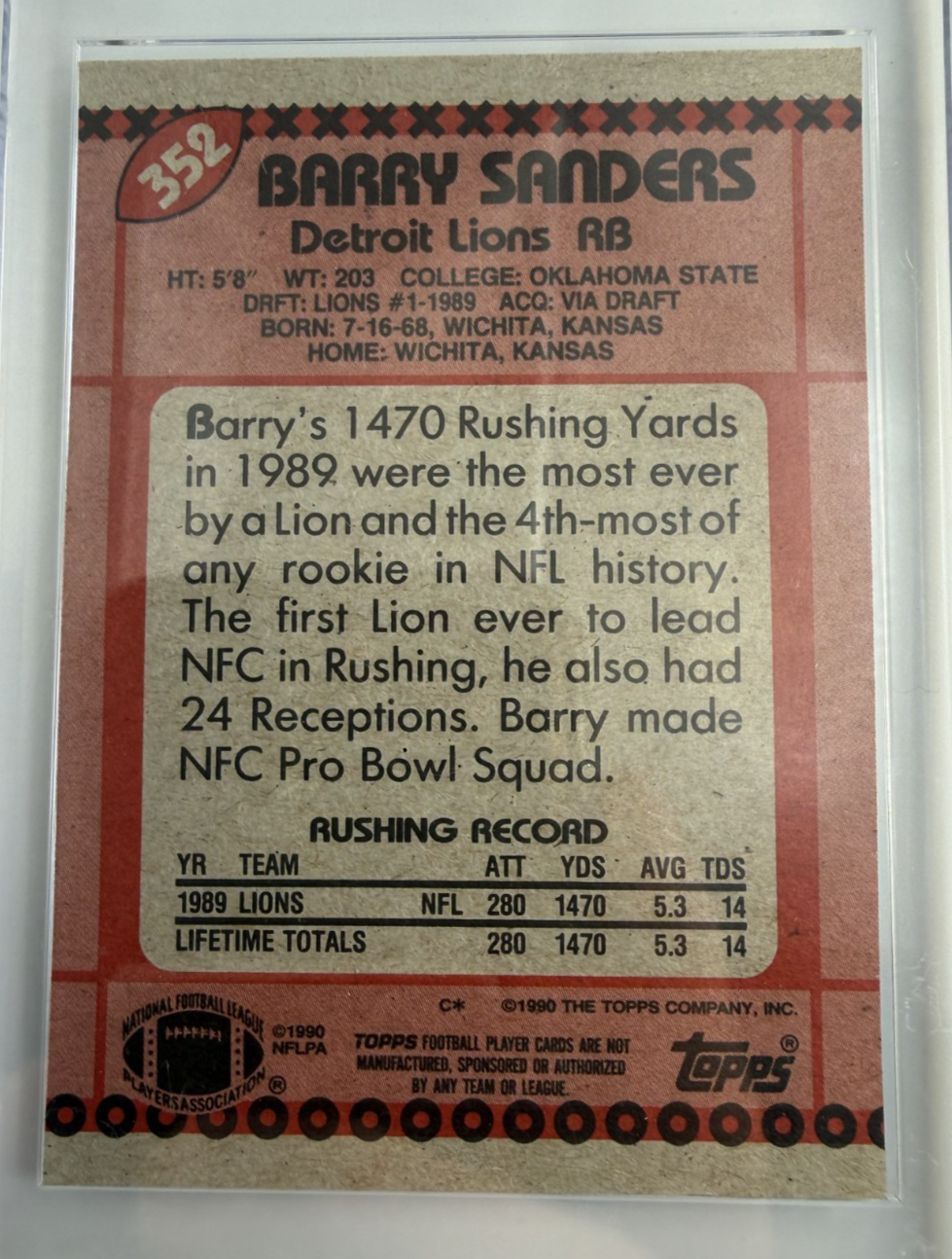Barry Sanders 1990 Topps All -Pro Card #352 Detroit Lions