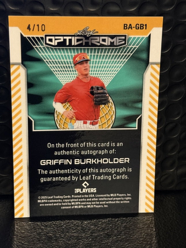 Leaf 2025 Grffin Burkholder Phillies Prospect Card#BA-GB1 Auto 4/10