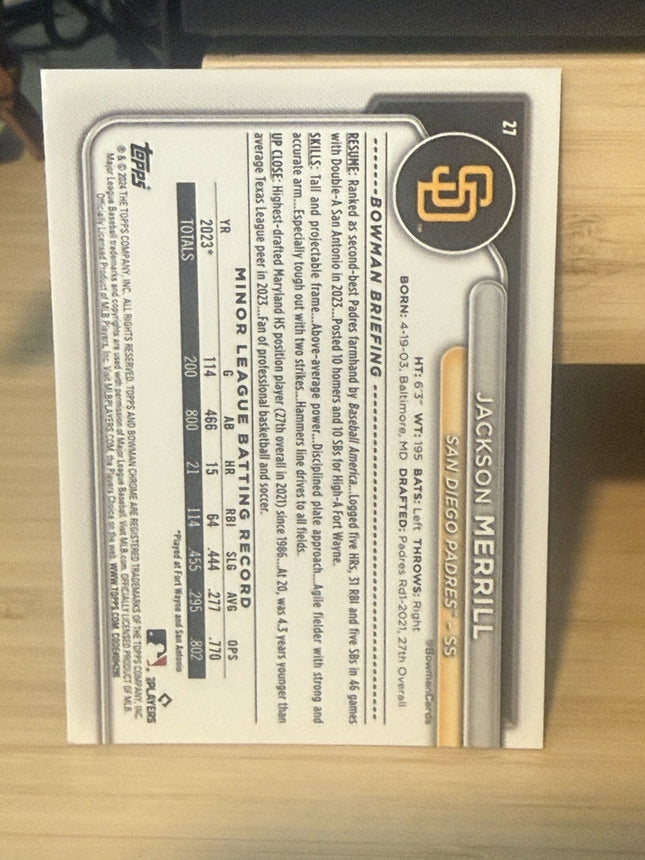 2024 Bowman Chrome Mojo Rookie Jackson Merrill San Diego Padres # 27