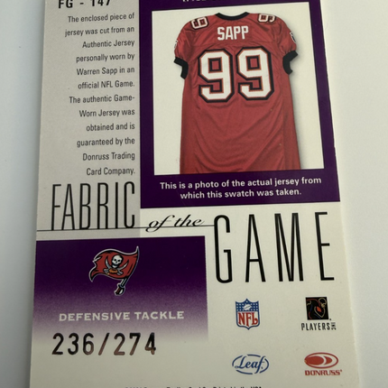 2001 Warren Sapp Leaf Certified Materials Fabric of the Game Career 236 /274