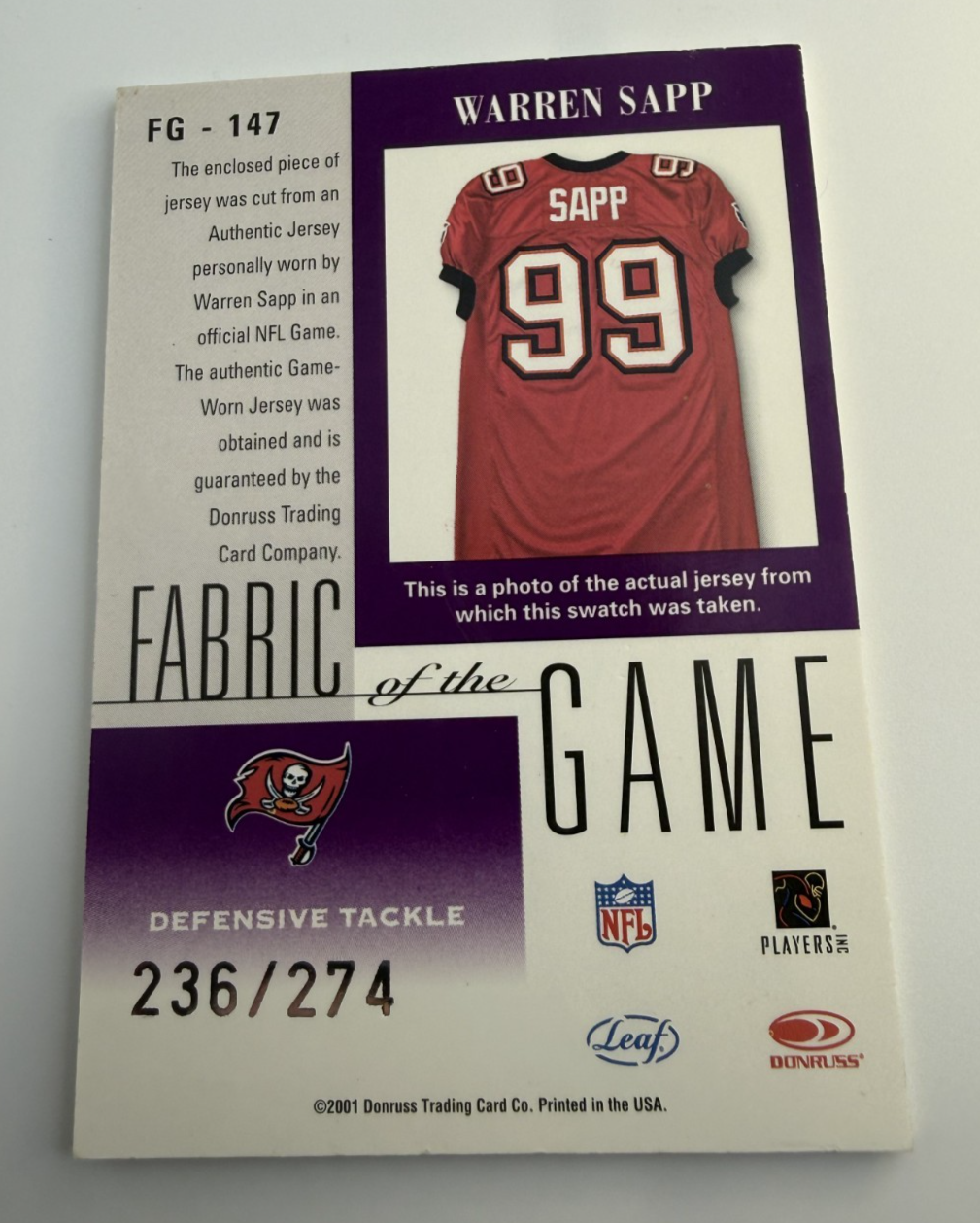 2001 Warren Sapp Leaf Certified Materials Fabric of the Game Career 236 /274