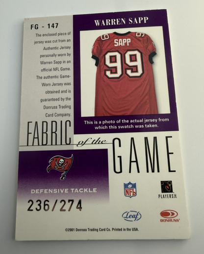 2001 Warren Sapp Leaf Certified Materials Fabric of the Game Career 236 /274