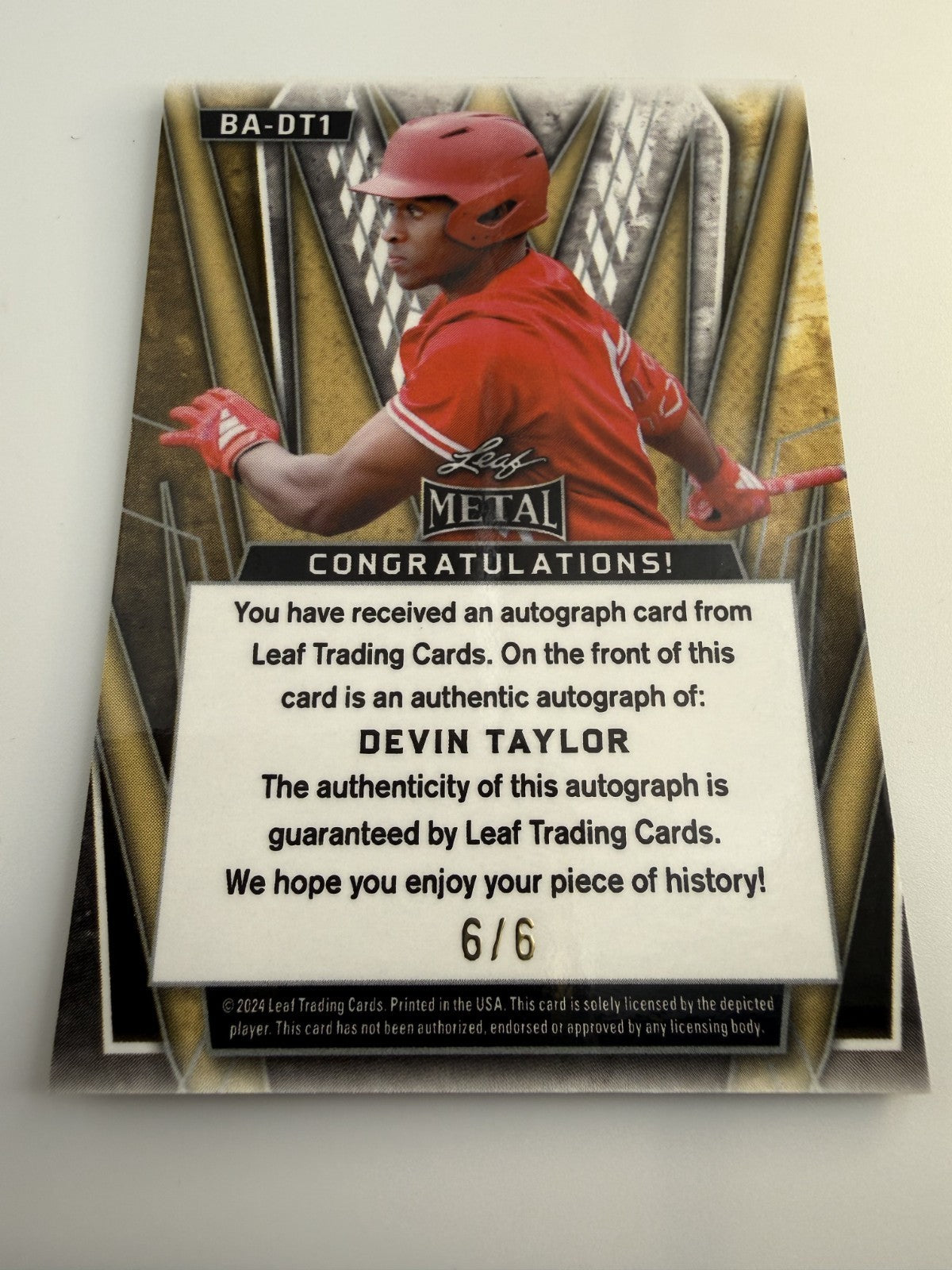 2024 Leaf Metal Devin Taylor Autograph #BA-DT1 Green Lava 6/6