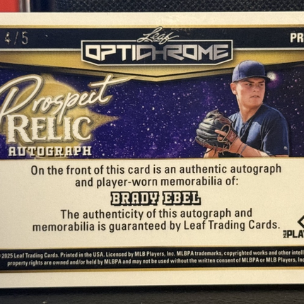Leaf 2025 Brady Beal Milwaukee Brewers #13 Prospect Card #Pr-Be1 Patch/Auto 4/5