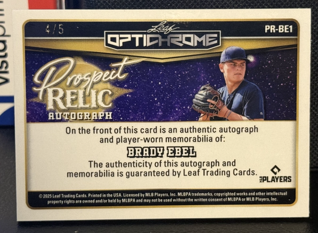 Leaf 2025 Brady Beal Milwaukee Brewers #13 Prospect Card #Pr-Be1 Patch/Auto 4/5