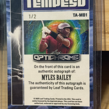 2025 Leaf Myles Bailey Tempest #TA-MB1 Auto 1/2 Chicago Cubs MLB 75th Draft 2026