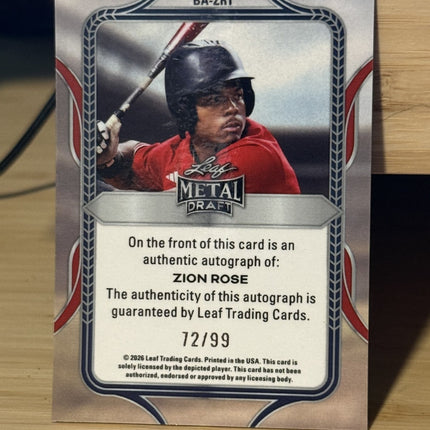 2026 Leaf Metal Zion Rose MLB #6 Pick Kansas City Royals Card #BA-ZR1 Auto 72/99
