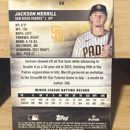 2024 Topps Jackson Merrill San Diego Padres Rookie Card #50