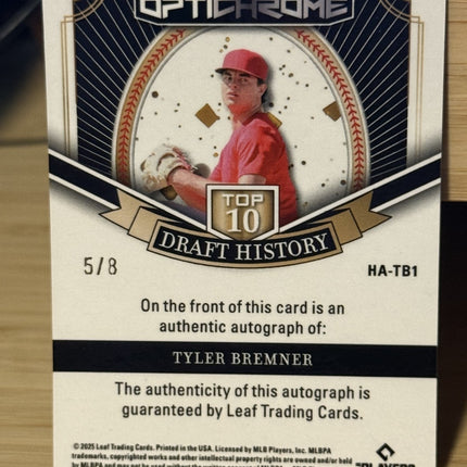 2025 Leaf Tyler Bremner LA Angels #1 rated prospect Card # HA-TB1 Auto 5/8