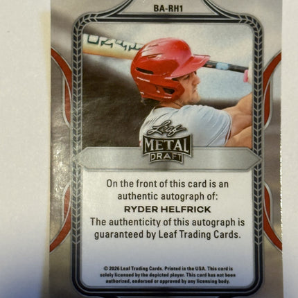 Leaf 2026 Ryder Helfrick #15 pick Arizona Diamondbacks Card #BA-RH1 Auto