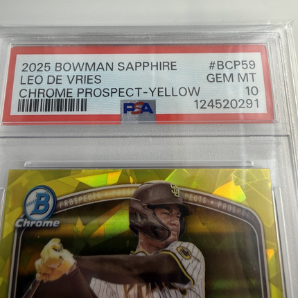 2025 BOWMAN SAPPHIRE EDITION CHROME PROSPECTS LEO DE VRIES YELLOW 54 /75 PSA 10