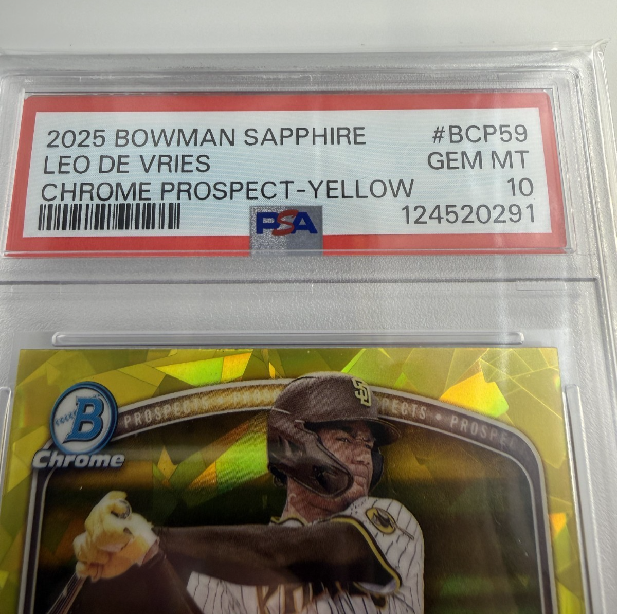 2025 BOWMAN SAPPHIRE EDITION CHROME PROSPECTS LEO DE VRIES YELLOW 54 /75 PSA 10