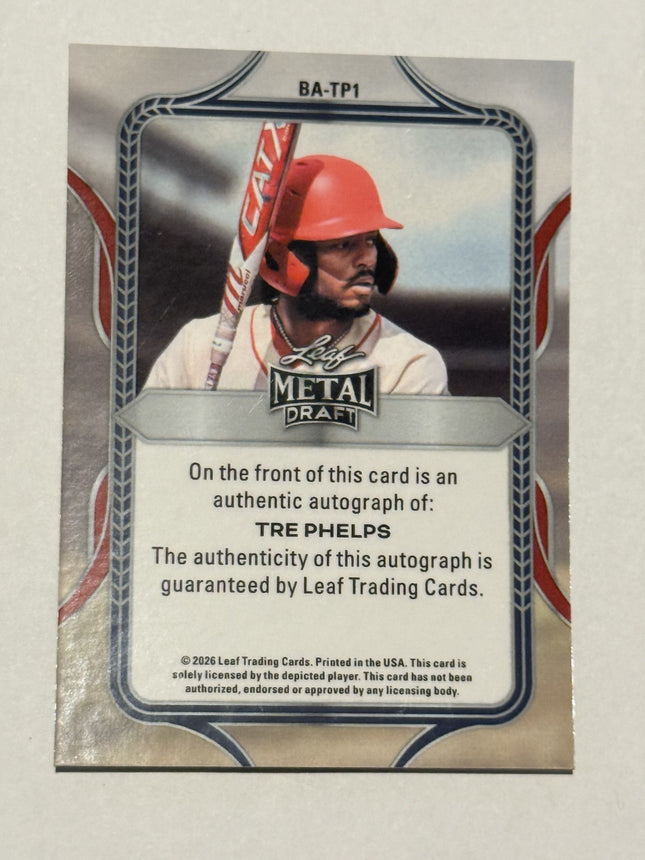Leaf 2026 Tre Phelps Pick#258 Pirates Card# BA-TP1 Auto