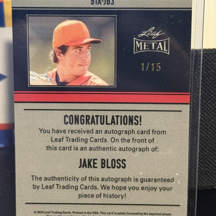 Leaf 2025 Jake Bloss Toronto Blue Jays #8 Prospect Card #91A-JB3 Auto 1/15