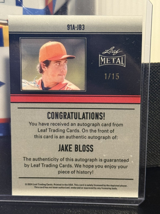 Leaf 2025 Jake Bloss Toronto Blue Jays #8 Prospect Card #91A-JB3 Auto 1/15