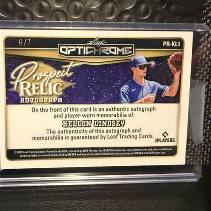 Leaf 2025 Kellon Lindsey Dodgers Prospect Card#PR-KL1 Game Worn Memorabilia 6/7