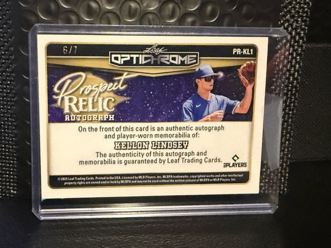 Leaf 2025 Kellon Lindsey Dodgers Prospect Card#PR-KL1 Game Worn Memorabilia 6/7