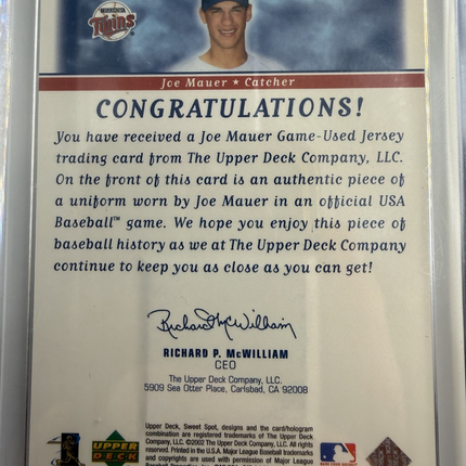2002 Upper Deck Joe Mauer Sweet Spot USA #USA-JM