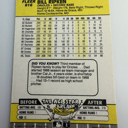 Bill Ripken Error Card Box Out Fleer #616 Baltimore Orioles