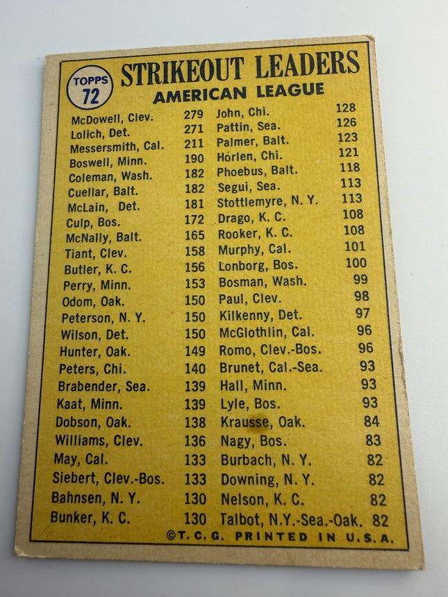 1969 Amerlican League Stikeout leaders McDowell, Lolich, Messersmith Topps #72