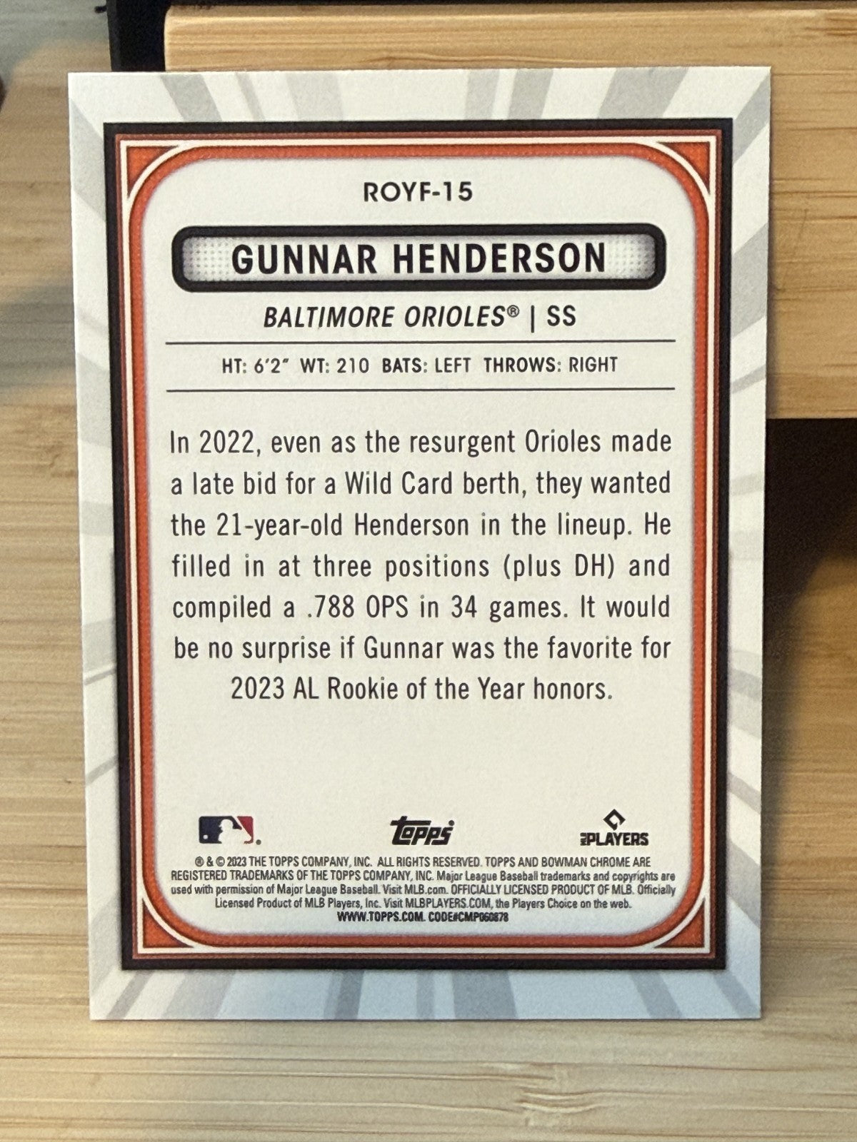 2023 Bowman Chrome Gunnar Henderson Baltimore Orioles Rookie Card #ROY-15
