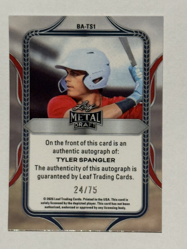 Leaf 2026 Tyler Spangler Philadelphia Phillies Draft Pick # 36 BA-TS1 Auto 24/75