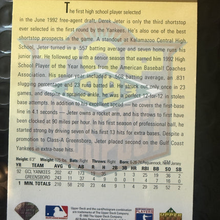 1993 Top Prospect Derek Jeter New York Yankee Upper Deck #449 Bad bottom Corners