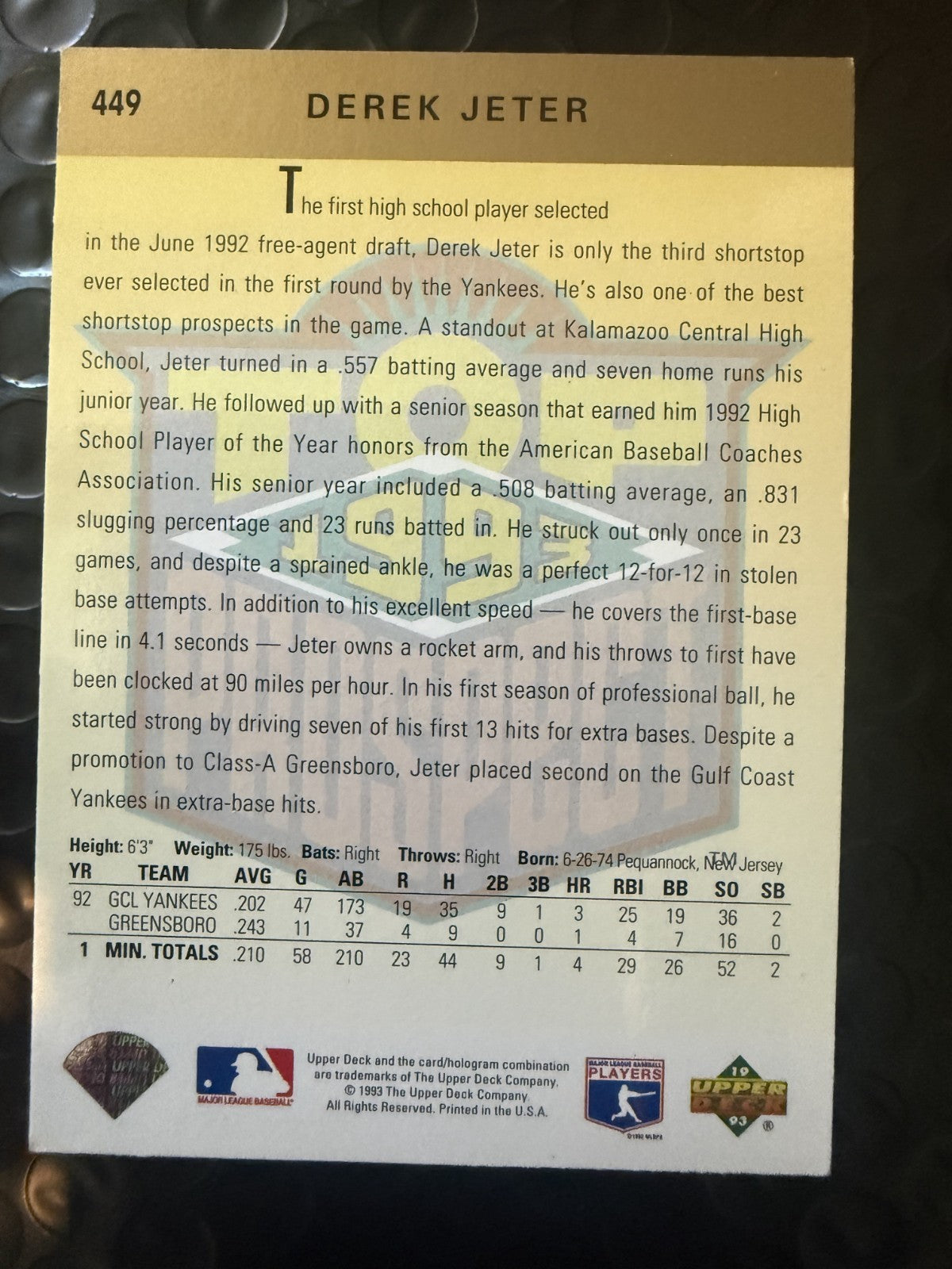1993 Top Prospect Derek Jeter New York Yankee Upper Deck #449 Bad bottom Corners