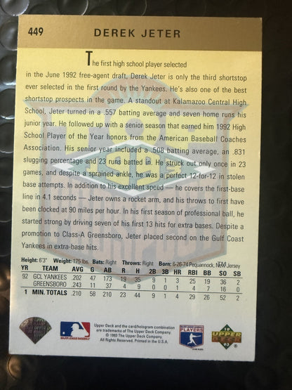 1993 Top Prospect Derek Jeter New York Yankee Upper Deck #449 Bad bottom Corners