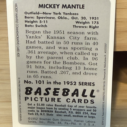 1988 Baseball Magnizine Repli-Cards Mickey Mantle, New York Yankees #101