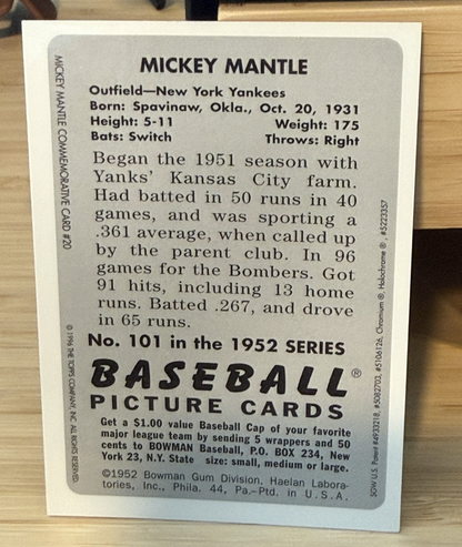 1988 Baseball Magnizine Repli-Cards Mickey Mantle, New York Yankees #101