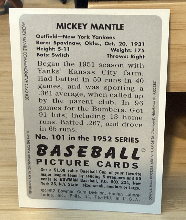 1988 Baseball Magnizine Repli-Cards Mickey Mantle, New York Yankees #101