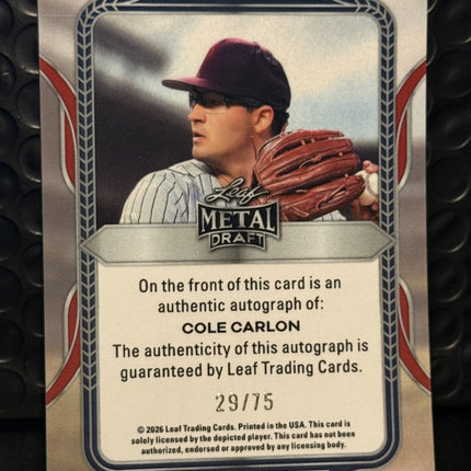 Leaf 2026 Cole Carlon Pick#39 Blue Jays Card#BA-CC1 Auto 29/75