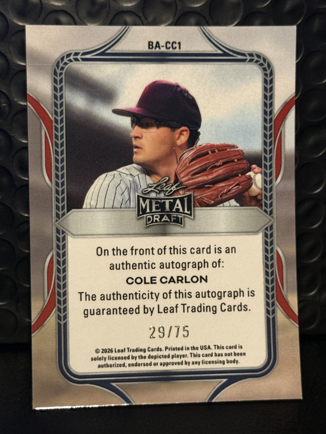Leaf 2026 Cole Carlon Pick#39 Blue Jays Card#BA-CC1 Auto 29/75