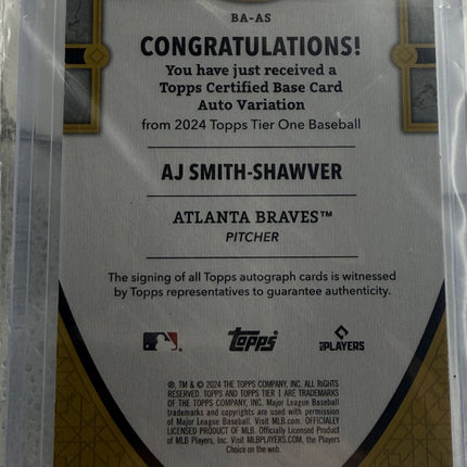 2024 Topps Tier One AJ Smith-Shawver RC Auto 03/25 Atlanta Braves #BA-AS
