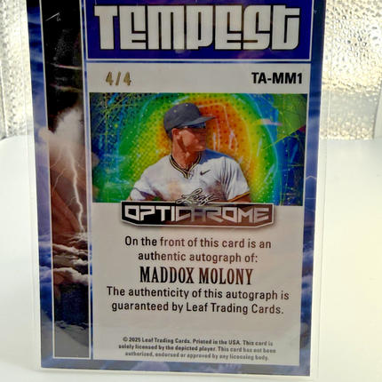 2025 Leaf Maddox Molony Optichrome Tempest Prospect Orange 4/4 Auto #TA-MM1