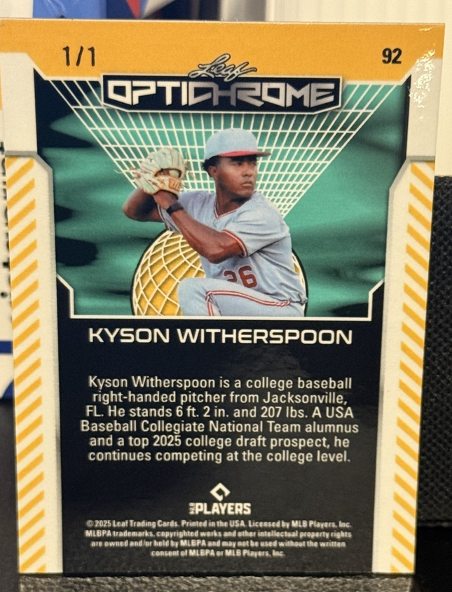 Leaf 2025 Kyson Witherspoon Boston Red Sox #4 Prospect Card #92 Auto 1/1