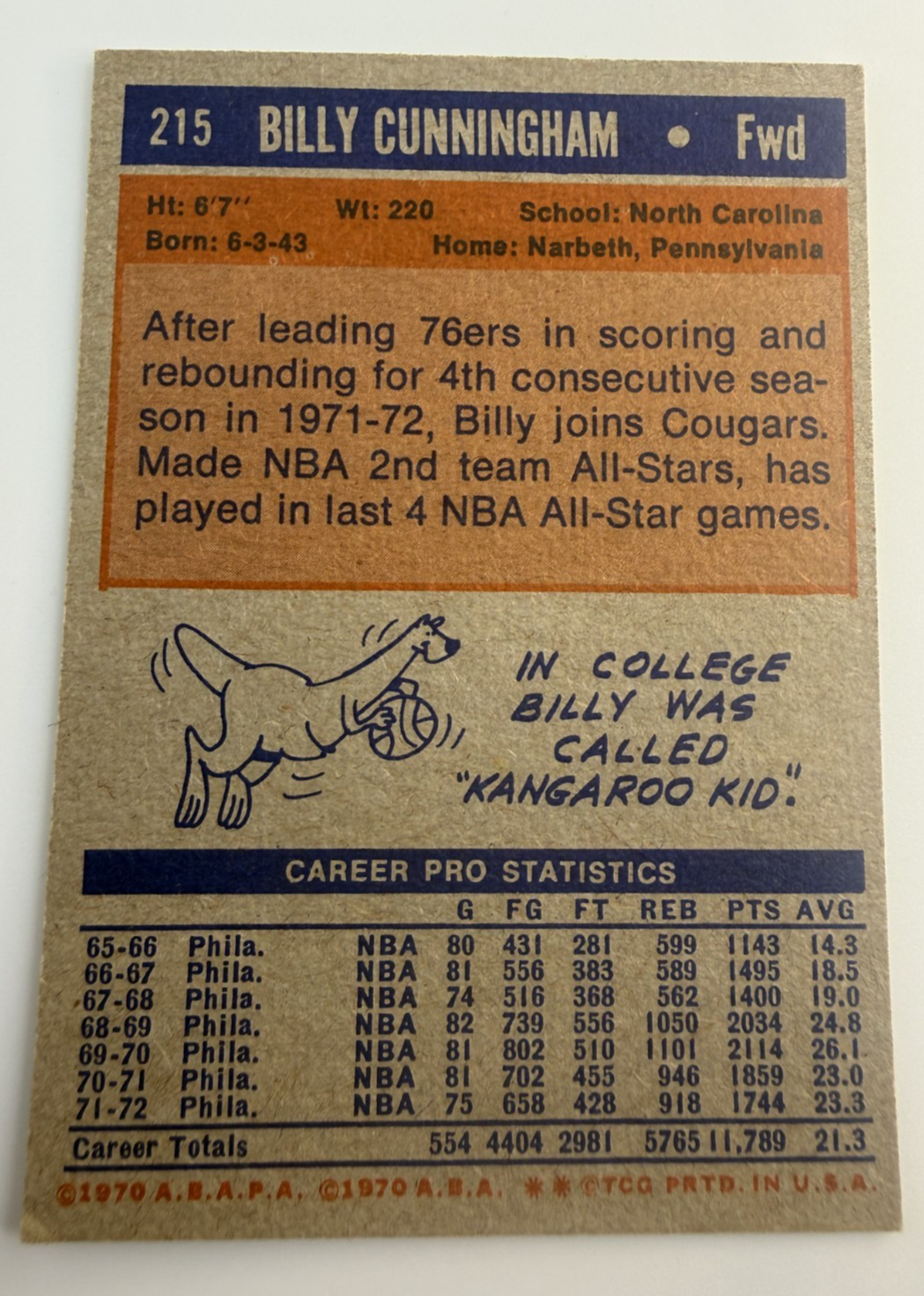 Billy Cunningham Cougars #215 Philadelphia 1971-72