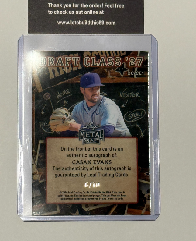 Leaf 2026 Casen Evans 2027 MLB draft Prospect Card#DC-CE1 Auto 6/10