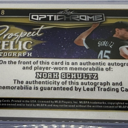 2025 Leaf  Noah Schultz Optichrome Prospect Relic Auto/Jersey #PR-NS1  Auto 5/8