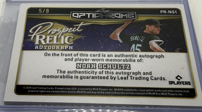 2025 Leaf  Noah Schultz Optichrome Prospect Relic Auto/Jersey #PR-NS1  Auto 5/8
