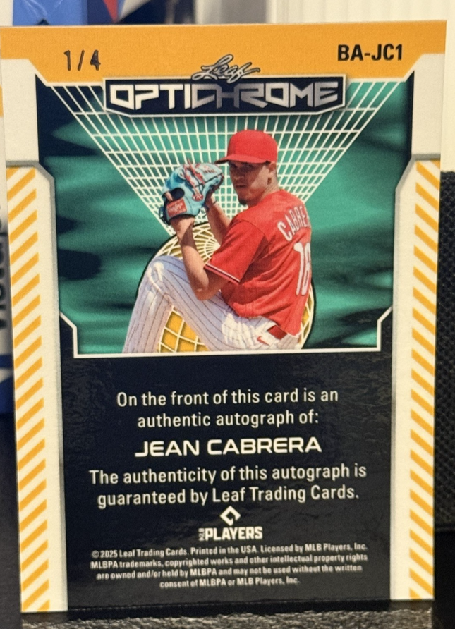 Leaf 2025 Jean Cabrera Philadephia Phillies #13 prospect  Card #BA-JC1 Auto 1/4