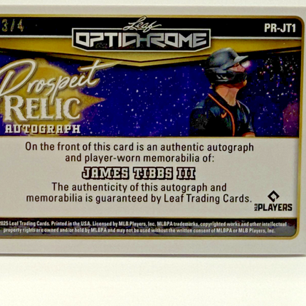 2025 Leaf James Tibbs III Auto/Jersey Prospect Relic Optichrome #PR-JT1 / 3/4