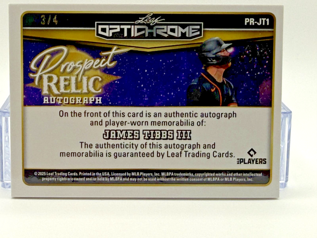 2025 Leaf James Tibbs III Auto/Jersey Prospect Relic Optichrome #PR-JT1 / 3/4