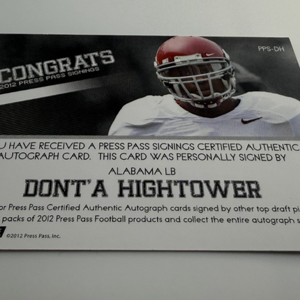2012 Dont'a Hightower Press Pass #PPS-DH Auto New England Patriots