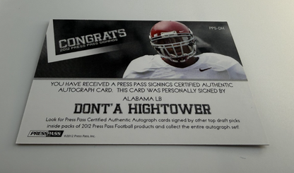 2012 Dont'a Hightower Press Pass #PPS-DH Auto New England Patriots
